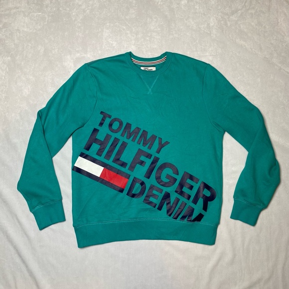 Tommy Hilfiger Other - Vintage Tommy Hilfiger Denim Sweatshirt Spellout Aqua Crewneck Men’s Size SMALL